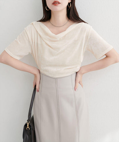 植絨網紗褶皺短袖套頭衫