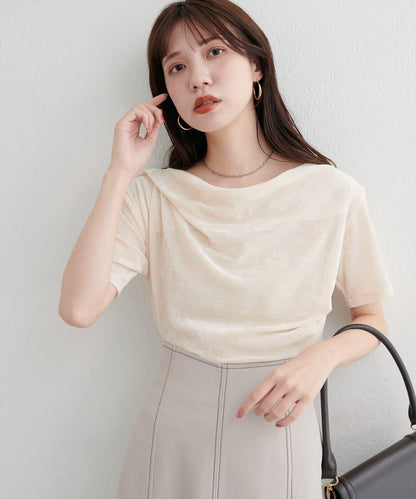 植絨網紗褶皺短袖套頭衫