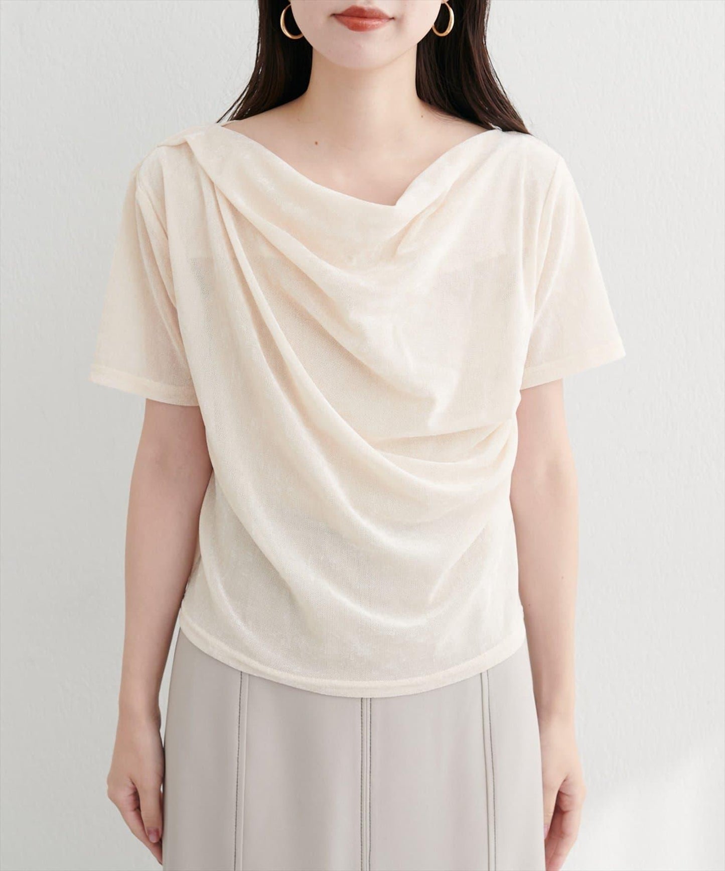 植絨網紗褶皺短袖套頭衫