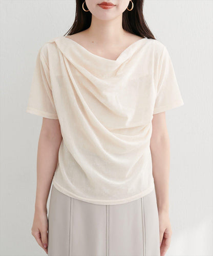 植絨網紗褶皺短袖套頭衫