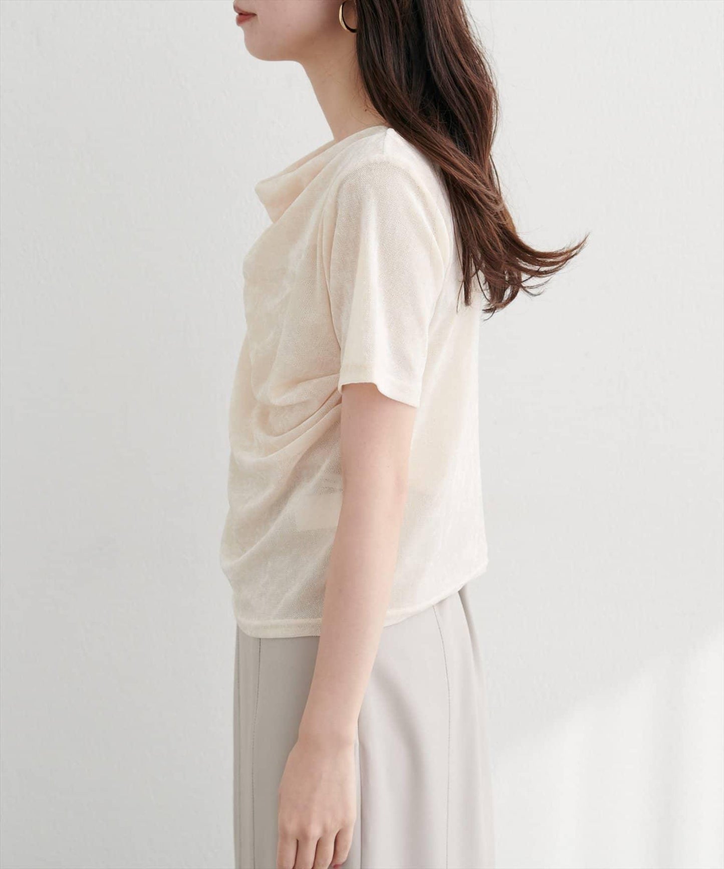 植絨網紗褶皺短袖套頭衫