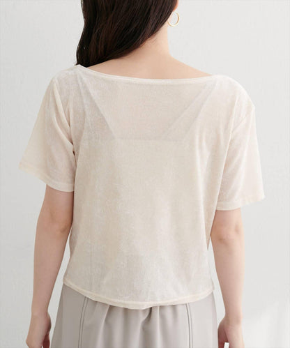 植絨網紗褶皺短袖套頭衫