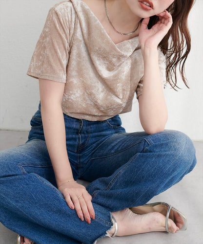 植絨網紗褶皺短袖套頭衫