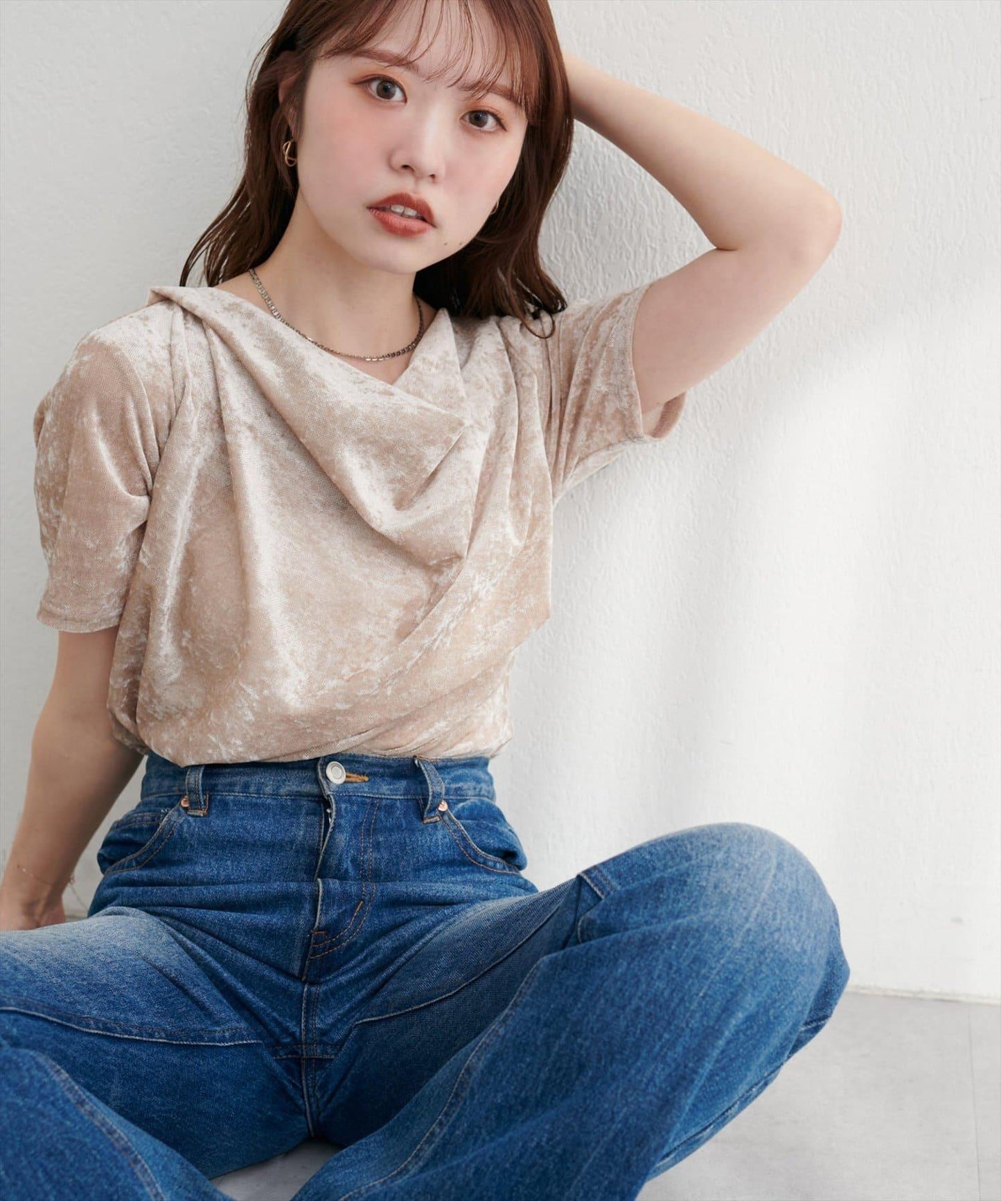 植絨網紗褶皺短袖套頭衫