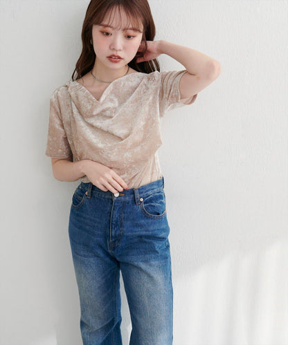 植絨網紗褶皺短袖套頭衫