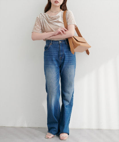 植絨網紗褶皺短袖套頭衫