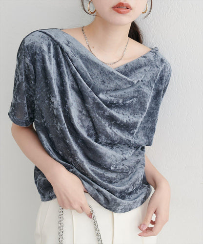 植絨網紗褶皺短袖套頭衫