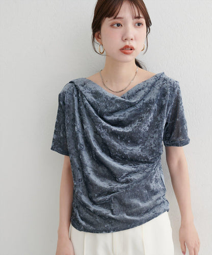 植絨網紗褶皺短袖套頭衫