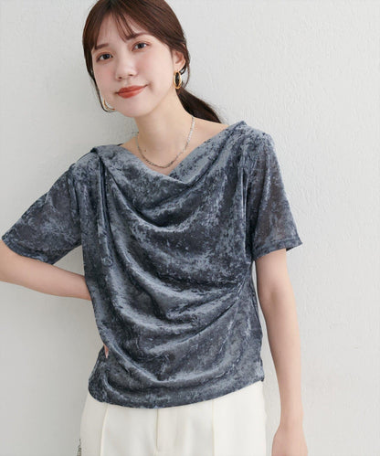 植絨網紗褶皺短袖套頭衫