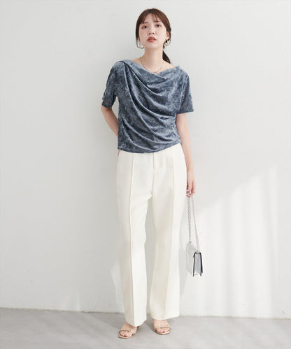 植絨網紗褶皺短袖套頭衫