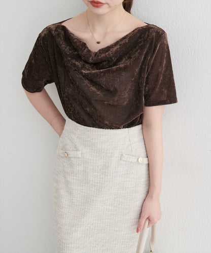 植絨網紗褶皺短袖套頭衫