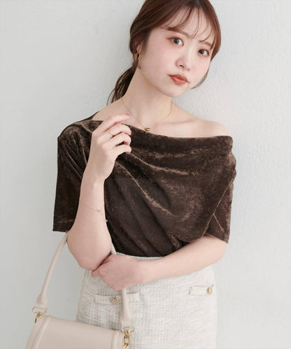 植絨網紗褶皺短袖套頭衫