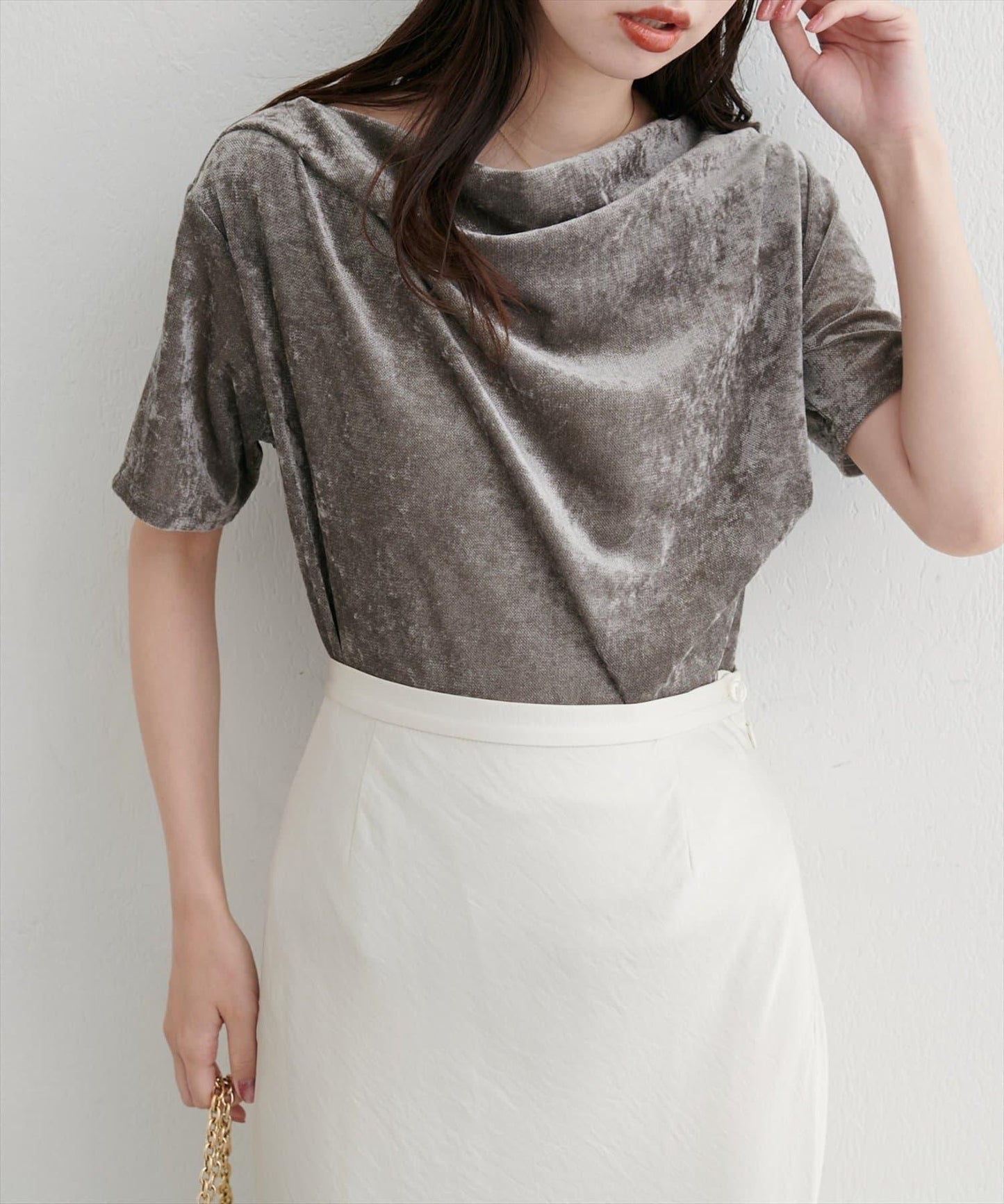 植絨網紗褶皺短袖套頭衫