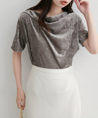 植絨網紗褶皺短袖套頭衫