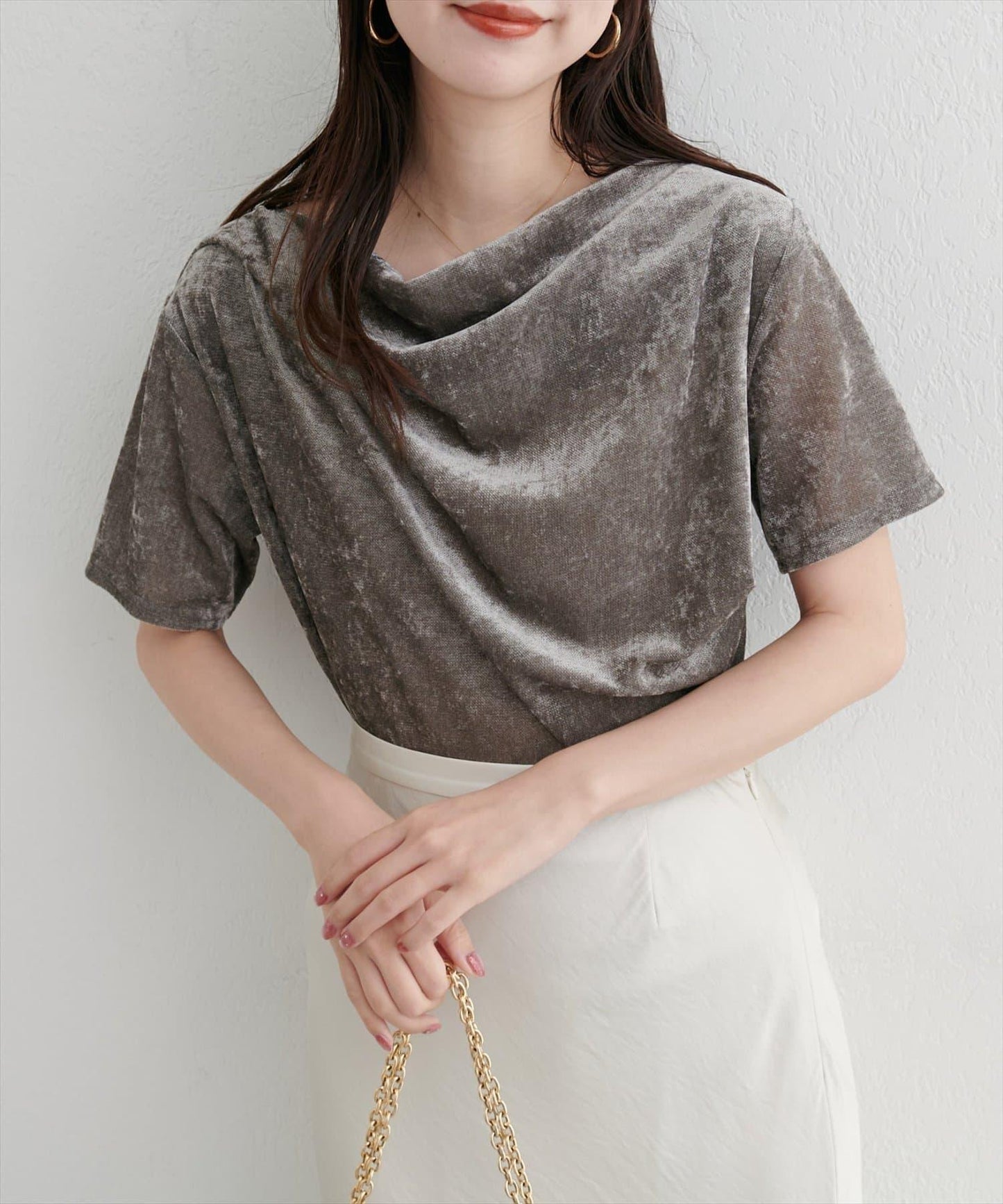 植絨網紗褶皺短袖套頭衫