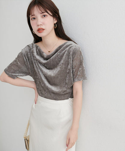 植絨網紗褶皺短袖套頭衫