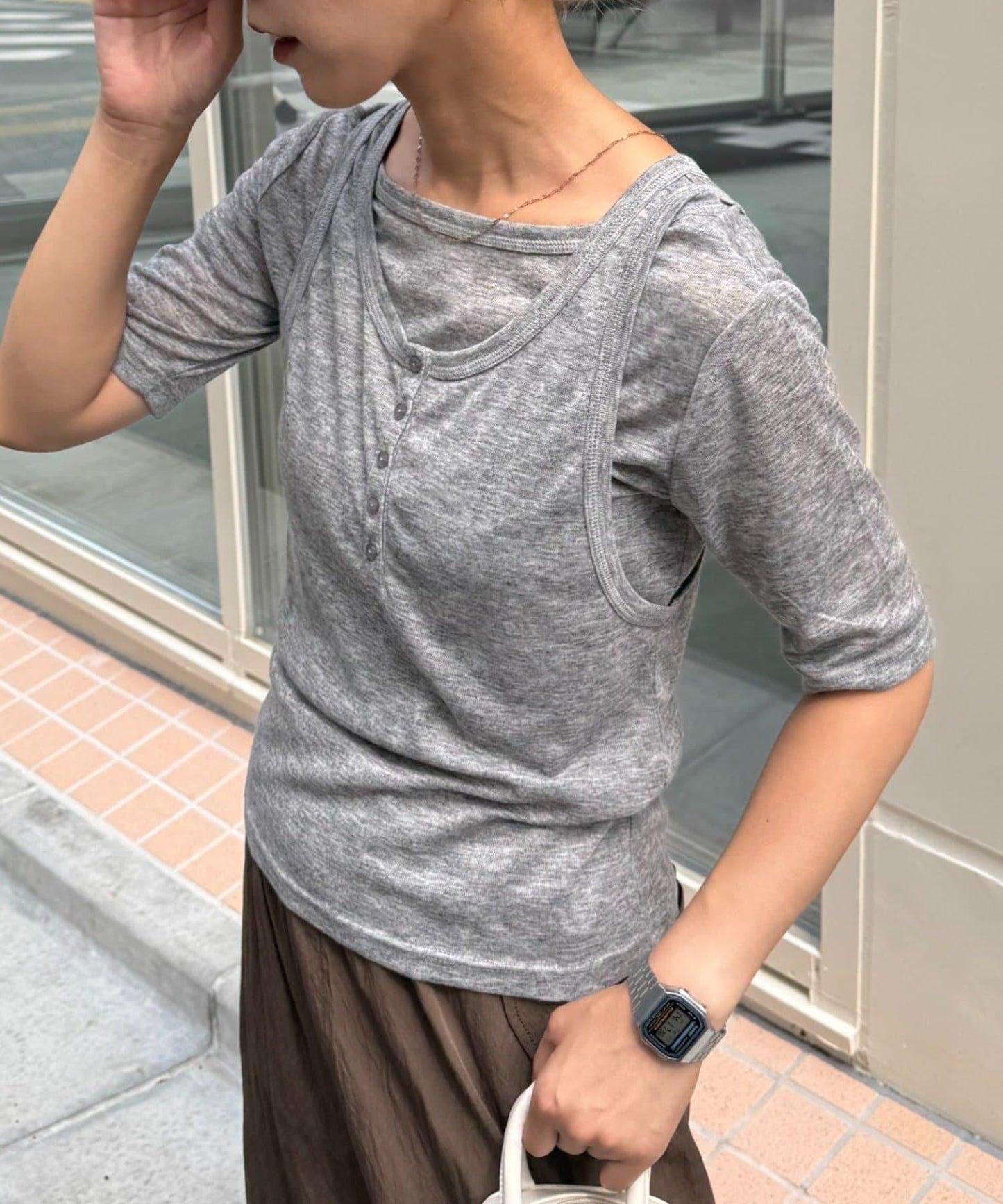 【willow】五分袖透視紗布紐扣背心套裝上衣
