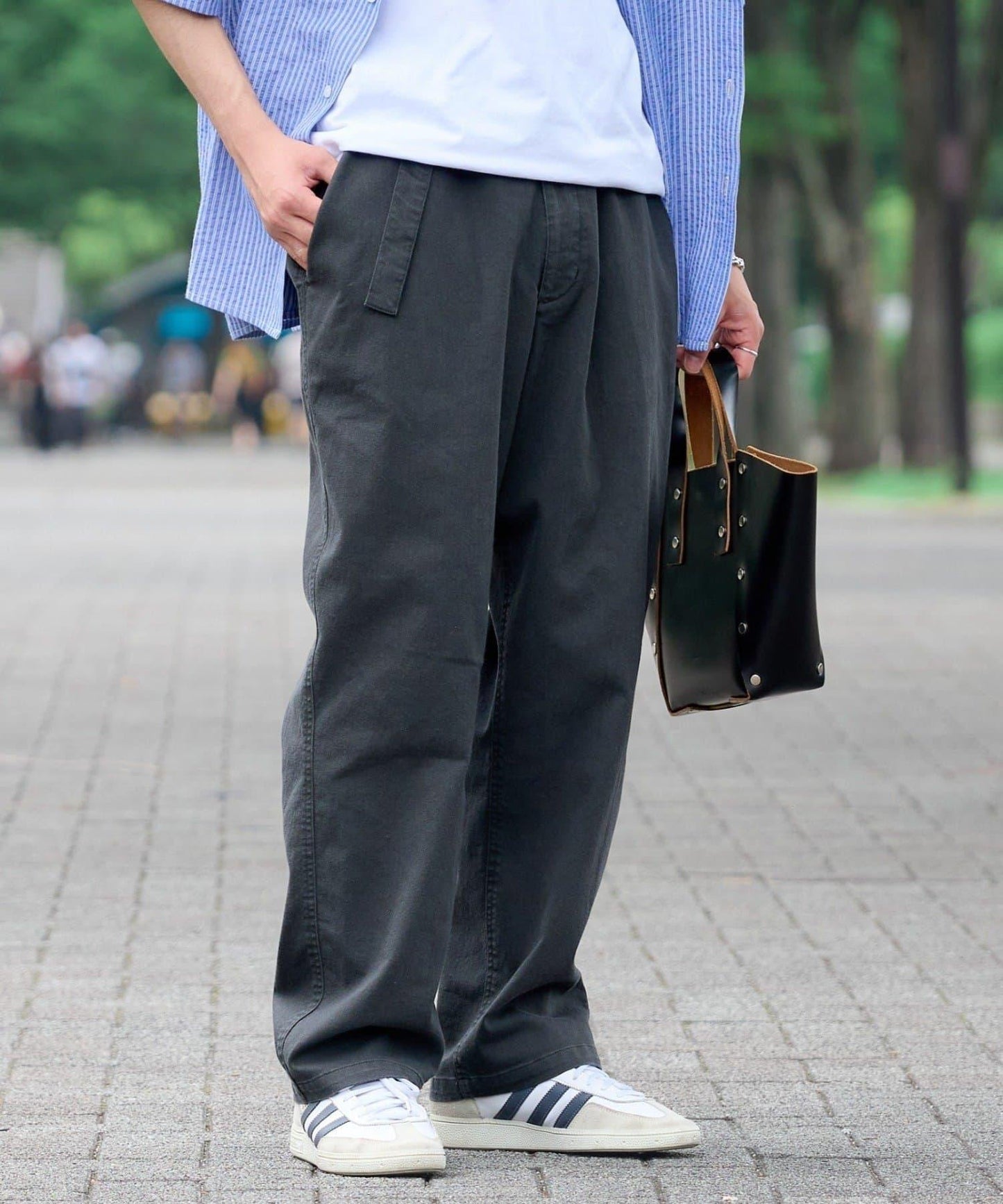 棉斜紋腰帶休閒褲