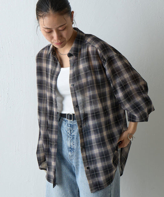 【AW】透視薄紗格紋寬鬆襯衫