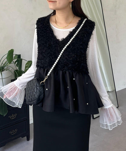 【總選舉參賽單品】花卉圖案珍珠荷葉邊背心