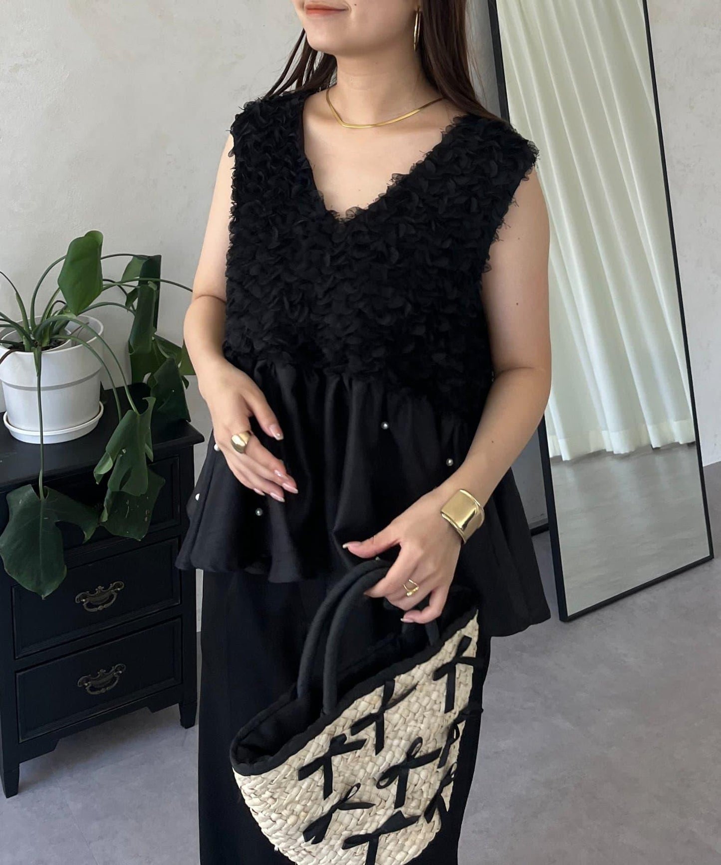 【總選舉參賽單品】花卉圖案珍珠荷葉邊背心