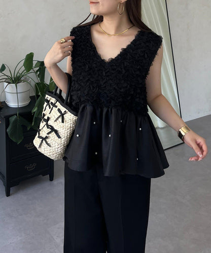 【總選舉參賽單品】花卉圖案珍珠荷葉邊背心