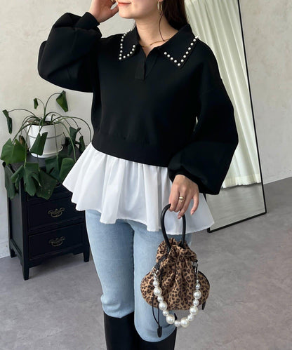 【總選舉參賽單品】珍珠領2way開領荷葉邊針織衫