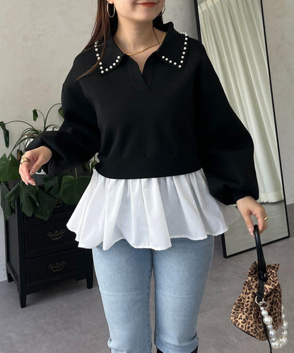 【總選舉參賽單品】珍珠領2way開領荷葉邊針織衫