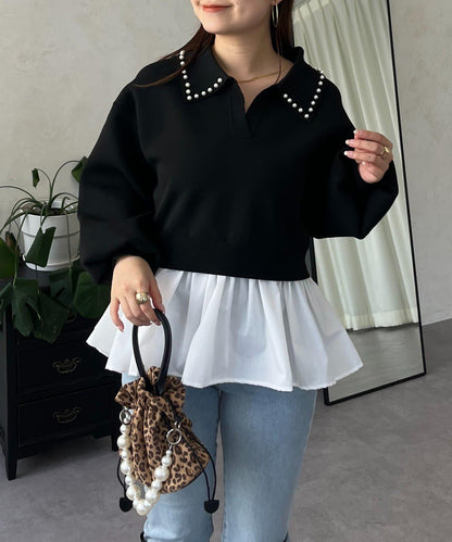 【總選舉參賽單品】珍珠領2way開領荷葉邊針織衫