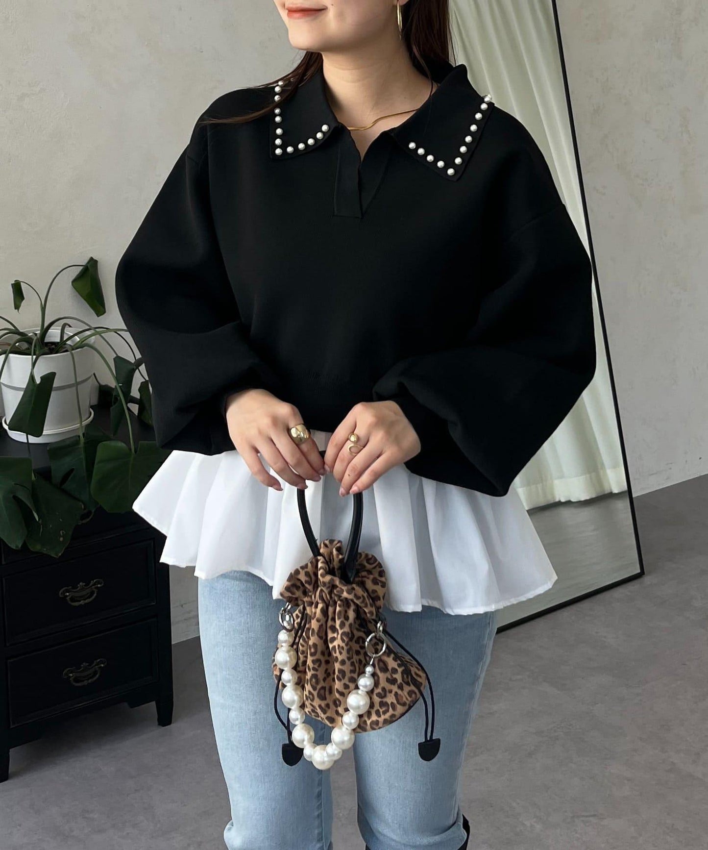 【總選舉參賽單品】珍珠領2way開領荷葉邊針織衫