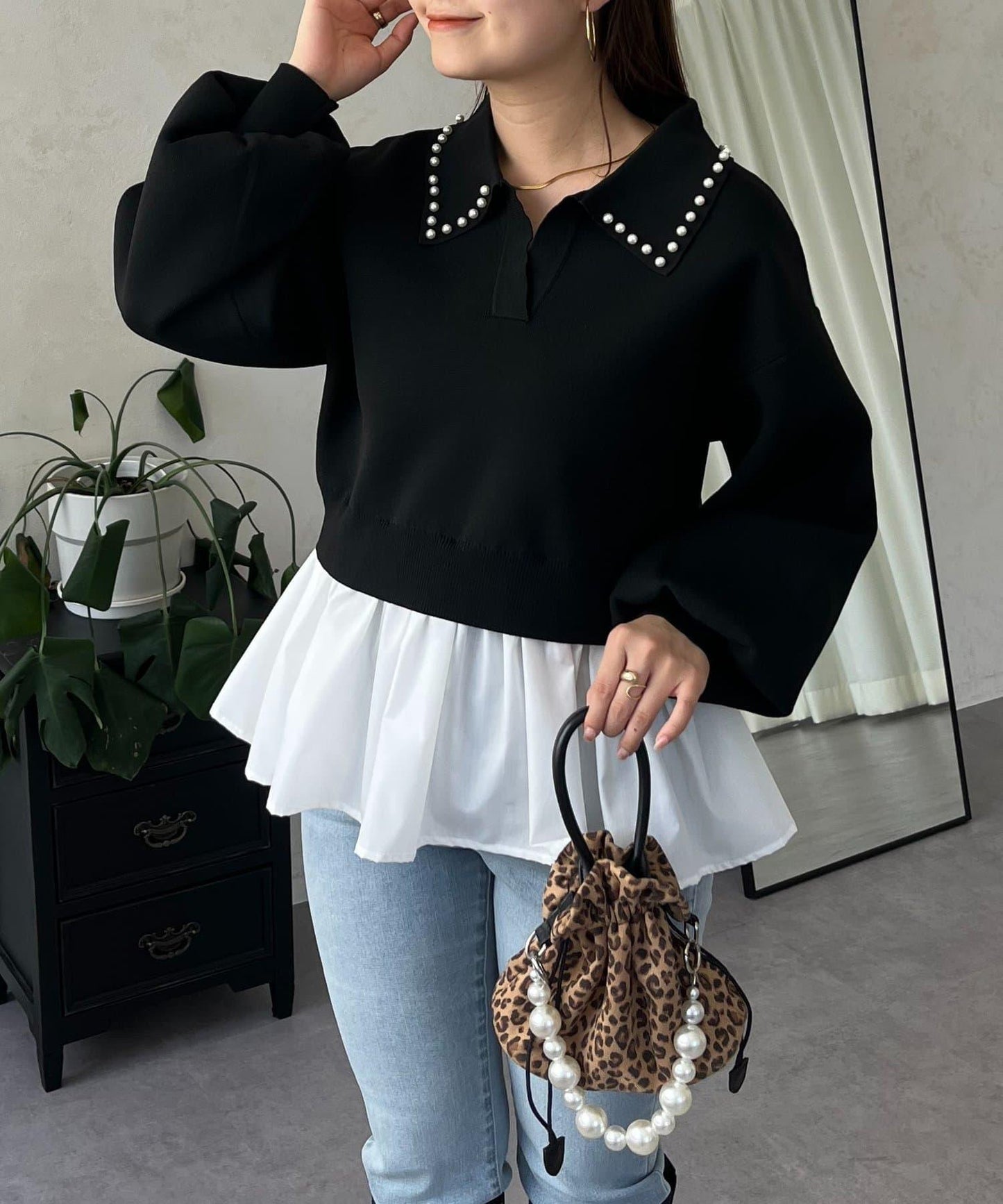 【總選舉參賽單品】珍珠領2way開領荷葉邊針織衫