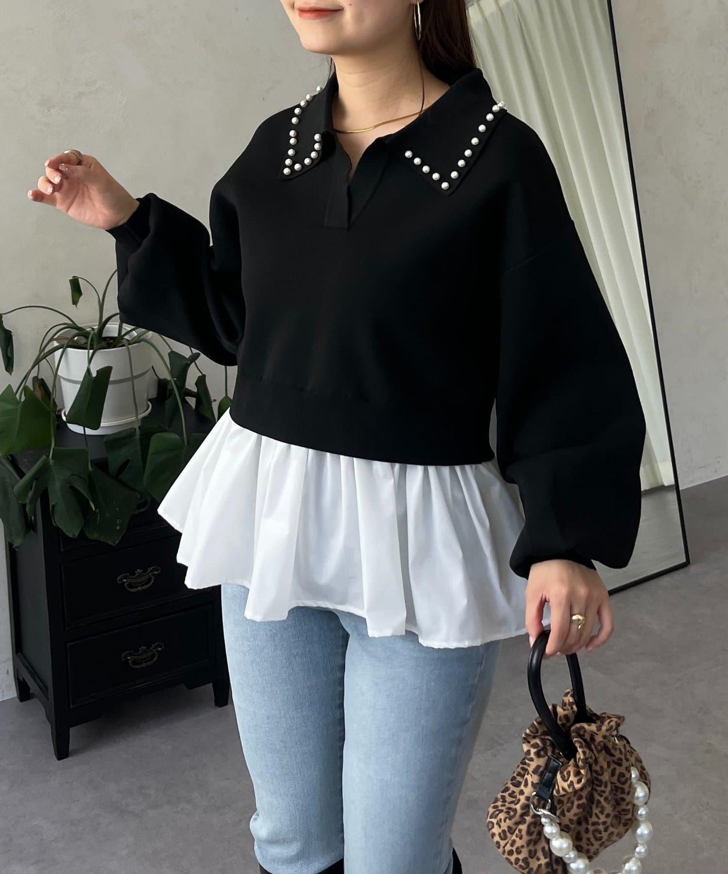 【總選舉參賽單品】珍珠領2way開領荷葉邊針織衫