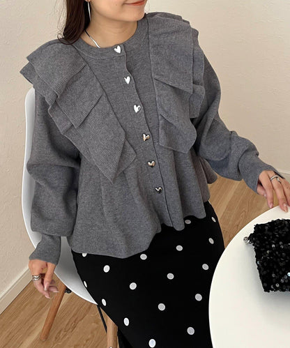 【總選舉參賽單品】愛心紐扣荷葉邊短款收腰開衫