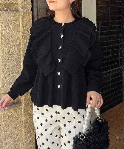 【總選舉參賽單品】愛心紐扣荷葉邊短款收腰開衫