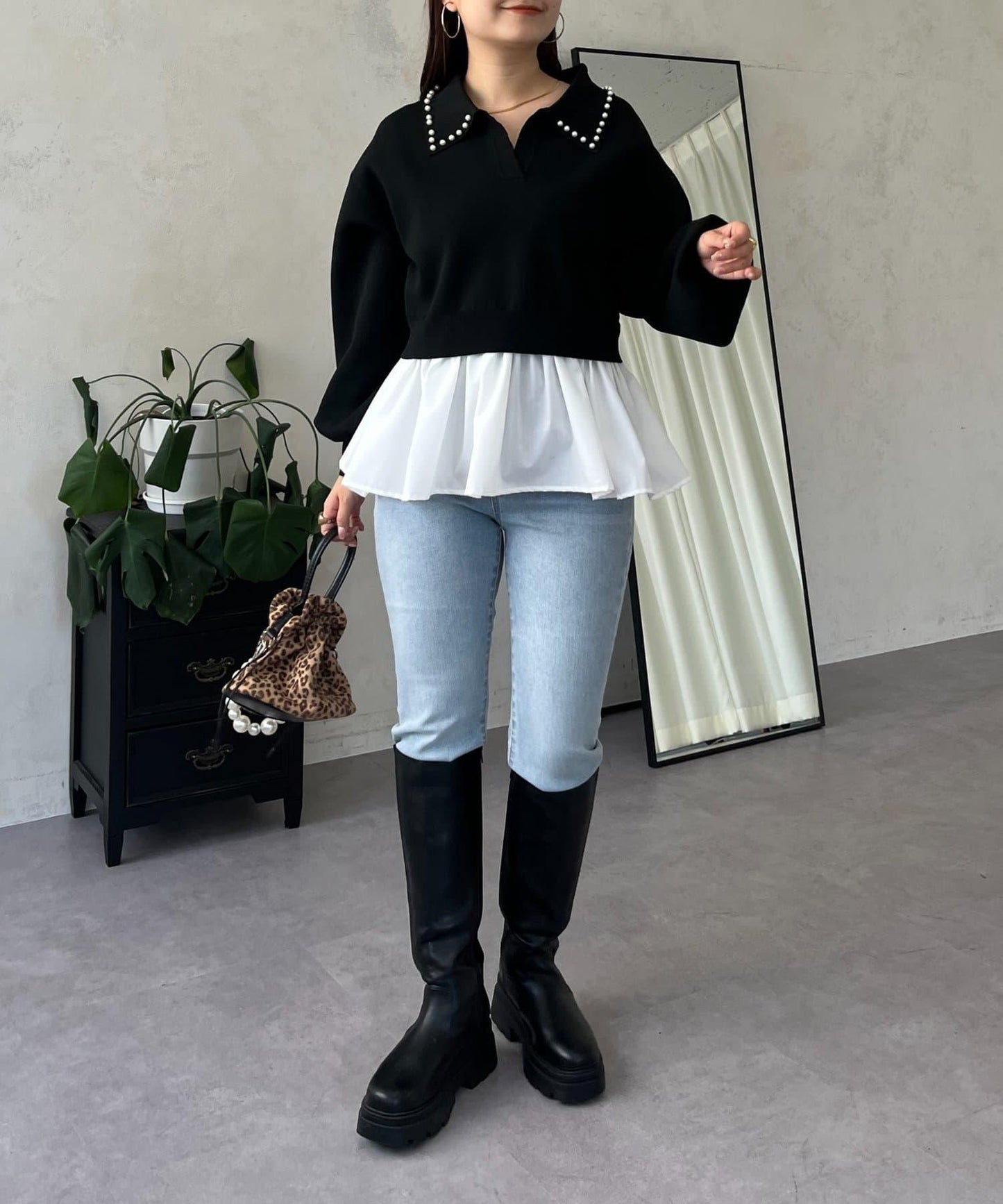 【總選舉參賽單品】珍珠領2way開領荷葉邊針織衫