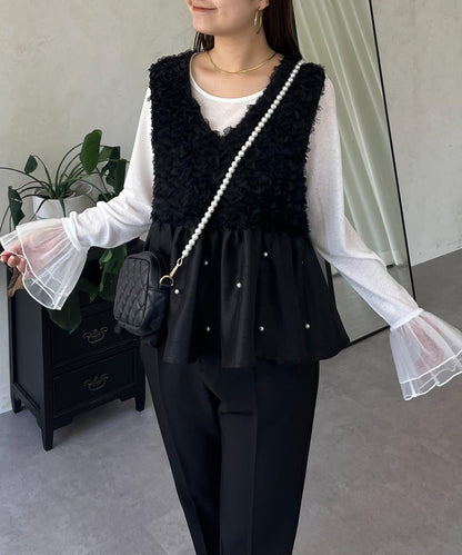 【總選舉參賽單品】花卉圖案珍珠荷葉邊背心