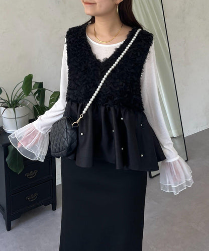 【總選舉參賽單品】花卉圖案珍珠荷葉邊背心