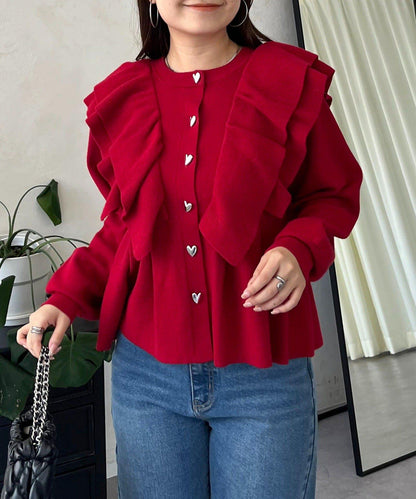 【總選舉參賽單品】愛心紐扣荷葉邊短款收腰開衫