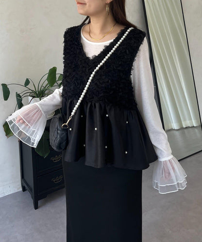 【總選舉參賽單品】花卉圖案珍珠荷葉邊背心