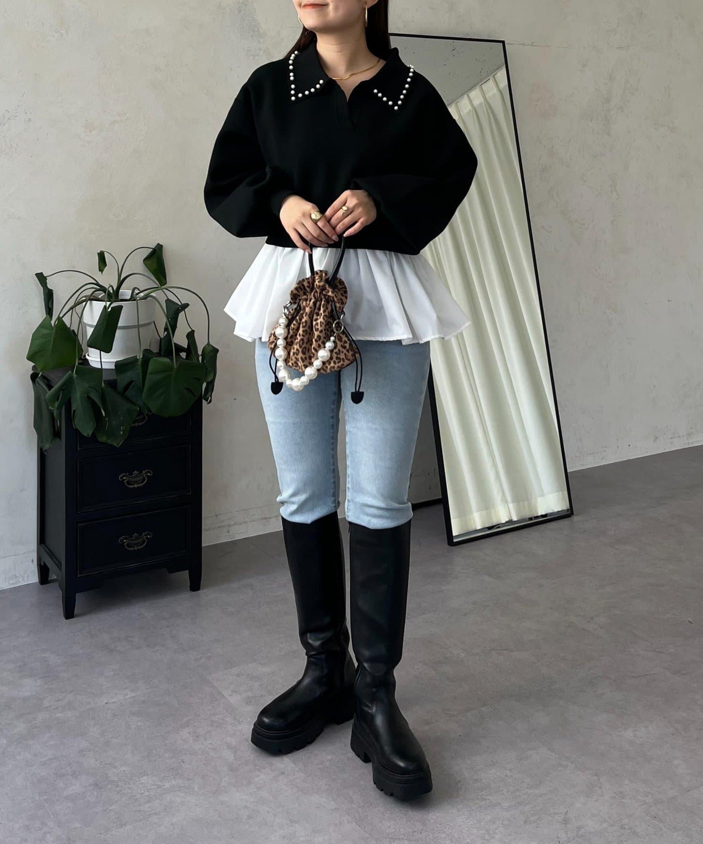 【總選舉參賽單品】珍珠領2way開領荷葉邊針織衫