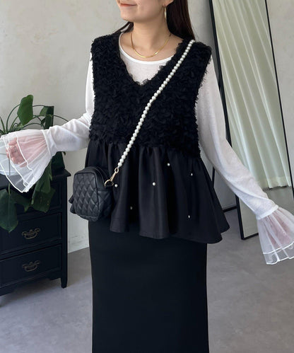 【總選舉參賽單品】花卉圖案珍珠荷葉邊背心