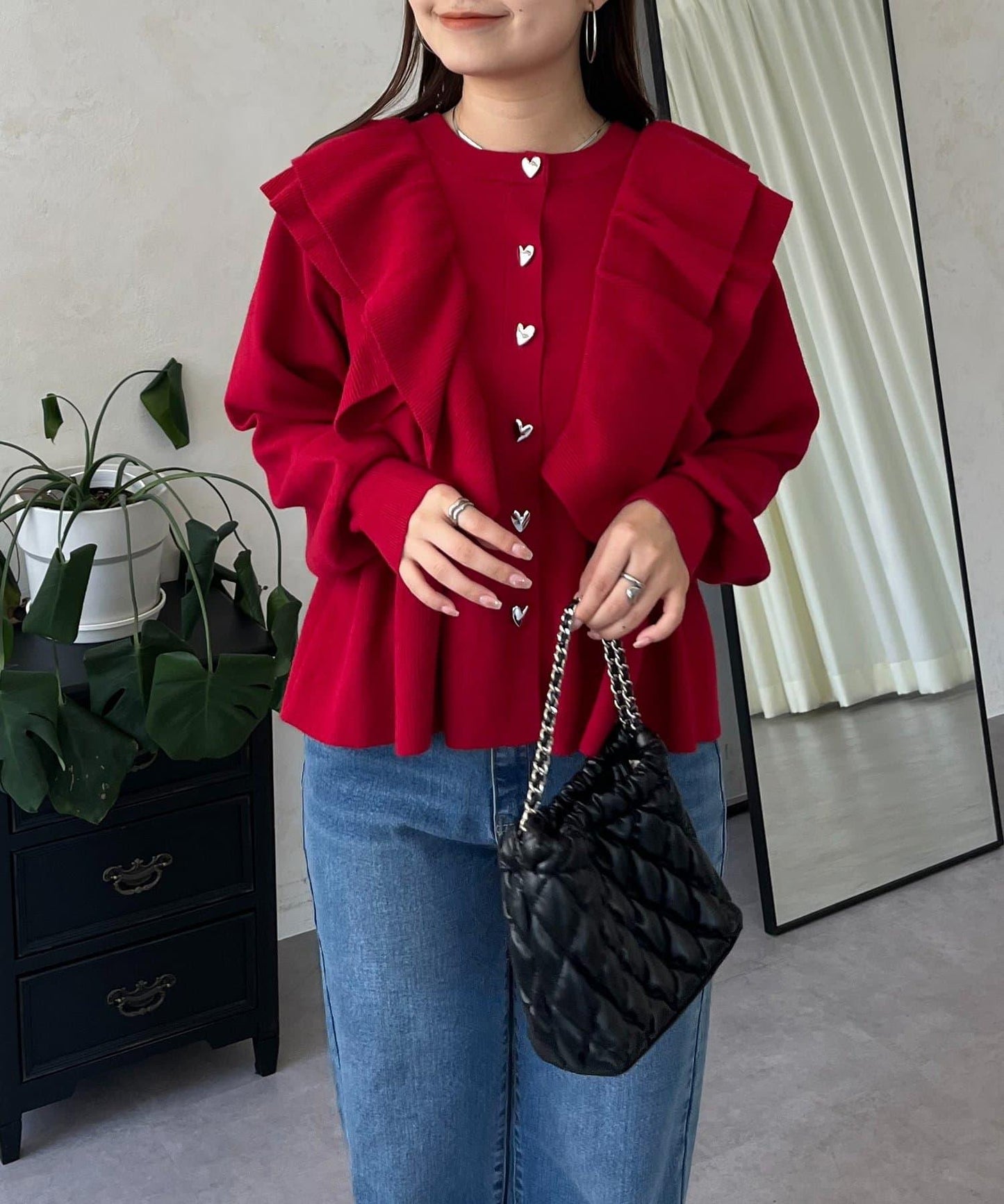 【總選舉參賽單品】愛心紐扣荷葉邊短款收腰開衫