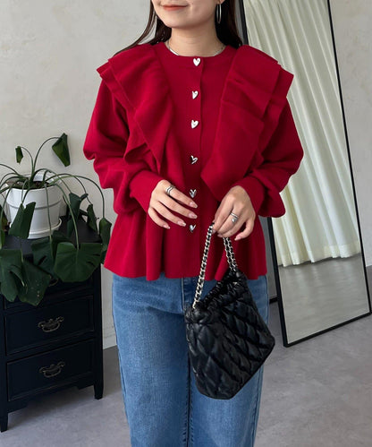 【總選舉參賽單品】愛心紐扣荷葉邊短款收腰開衫