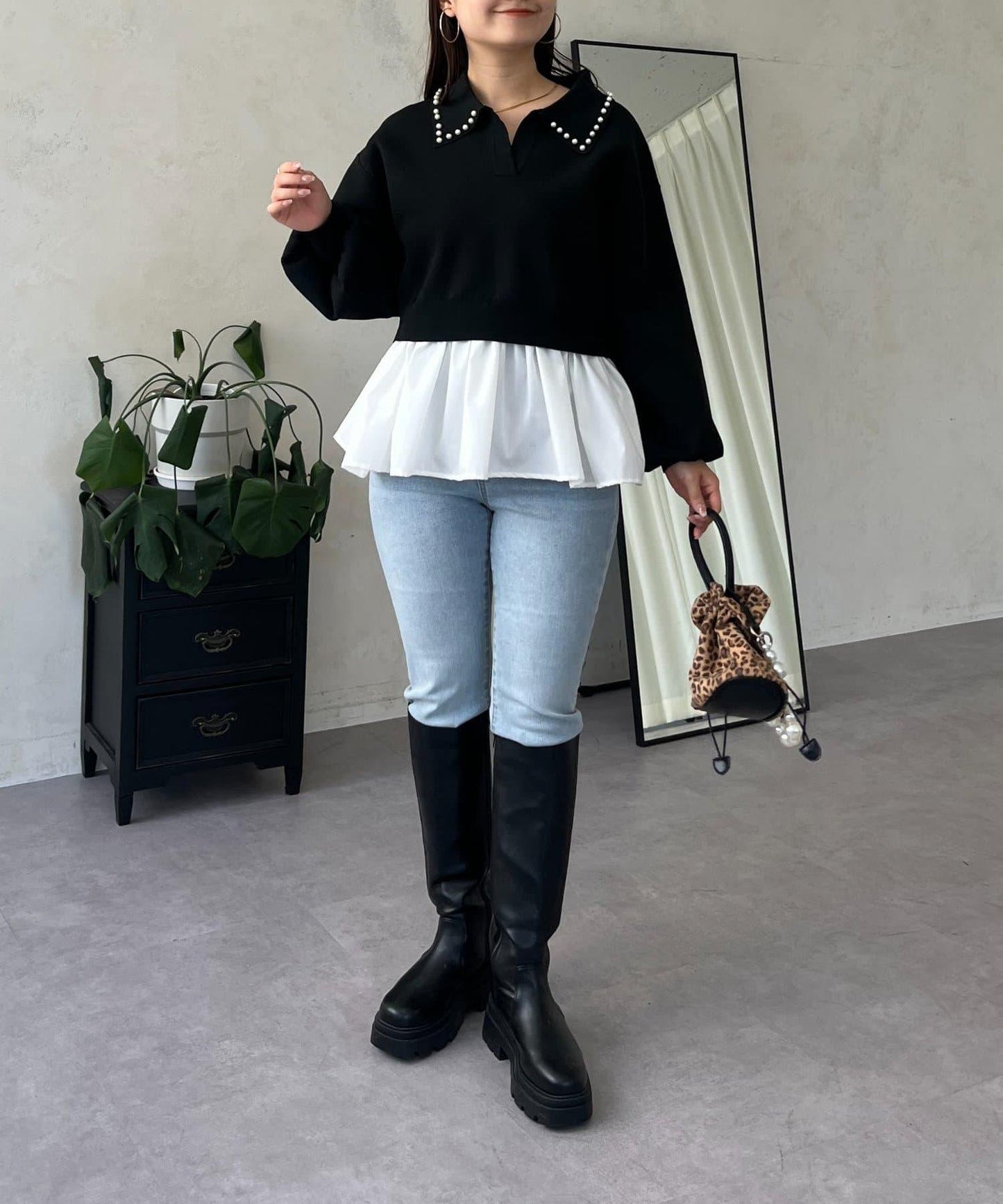 【總選舉參賽單品】珍珠領2way開領荷葉邊針織衫