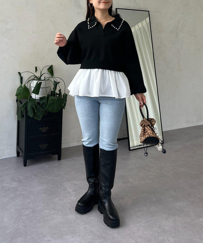 【總選舉參賽單品】珍珠領2way開領荷葉邊針織衫