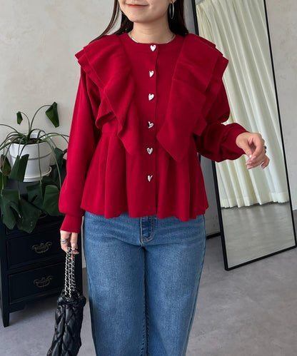 【總選舉參賽單品】愛心紐扣荷葉邊短款收腰開衫