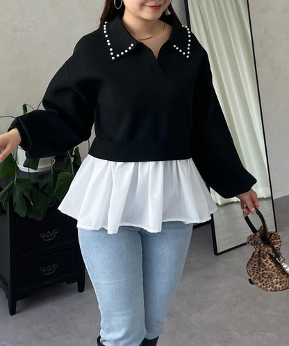 【總選舉參賽單品】珍珠領2way開領荷葉邊針織衫