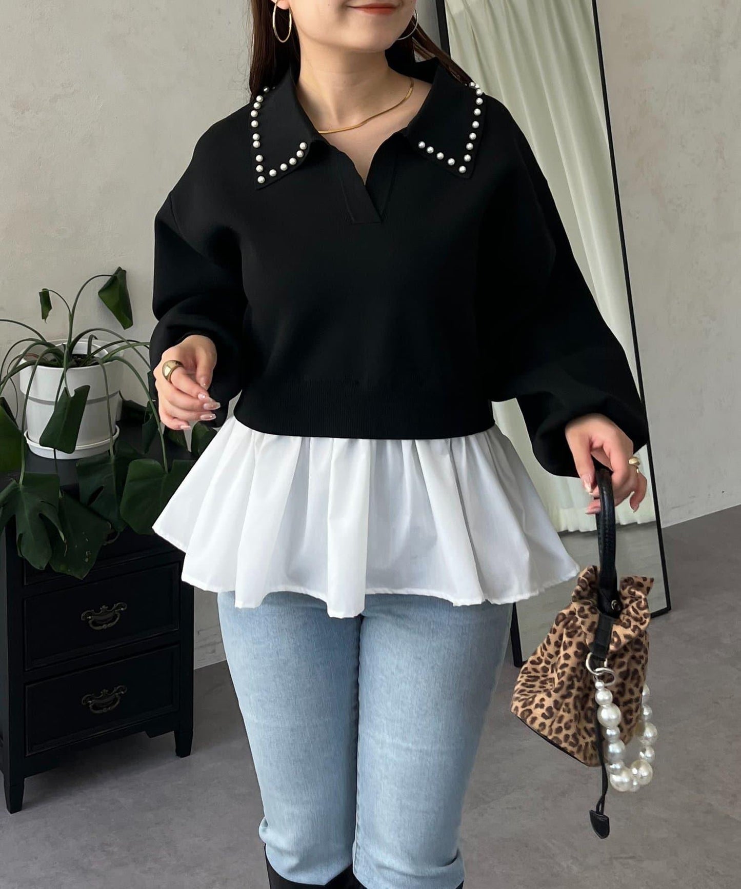 【總選舉參賽單品】珍珠領2way開領荷葉邊針織衫