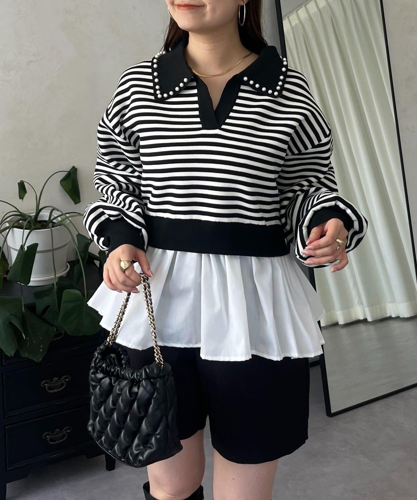 【總選舉參賽單品】珍珠領2way開領荷葉邊針織衫