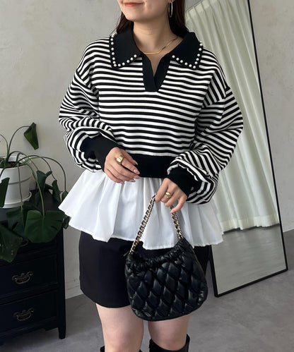 【總選舉參賽單品】珍珠領2way開領荷葉邊針織衫